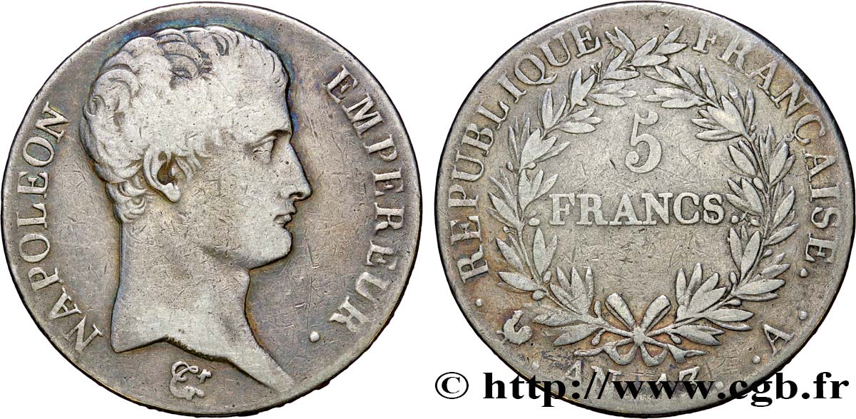 5 francs Napoléon Empereur, Calendrier révolutionnaire 1805 Paris F.303/2 TB20 