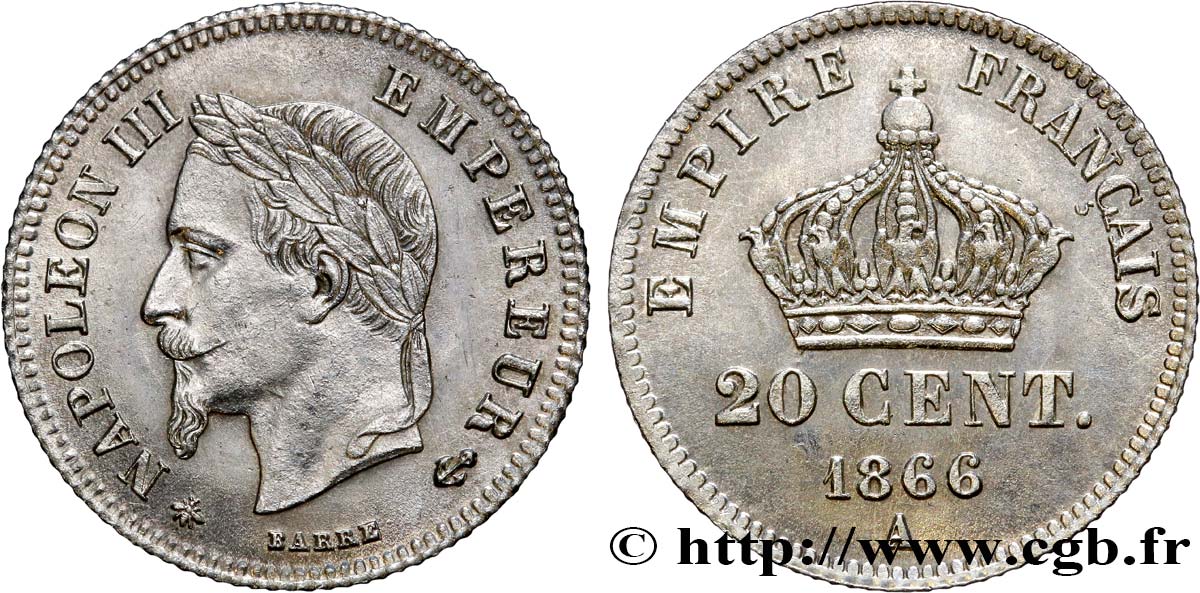 20 centimes Napoléon III, tête laurée, petit module 1866 Paris F.149/4 SPL63 