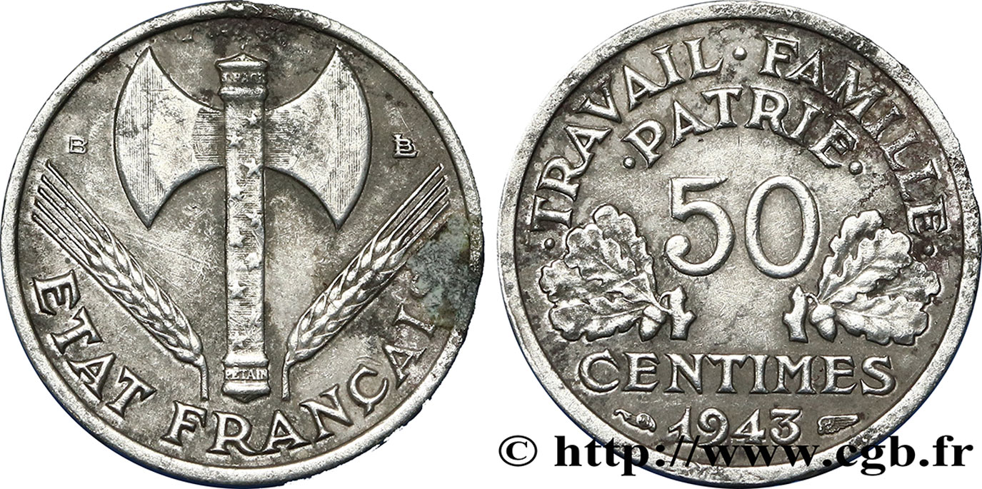 50 centimes Francisque, légère 1943 Beaumont-Le-Roger F.196/3 BB45 