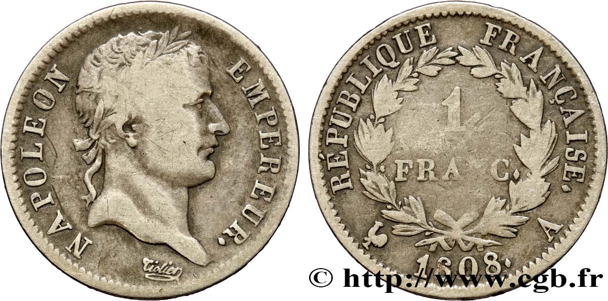 1 franc Napoléon Ier tête laurée, République française 1808 Paris F.204/2 VF25 