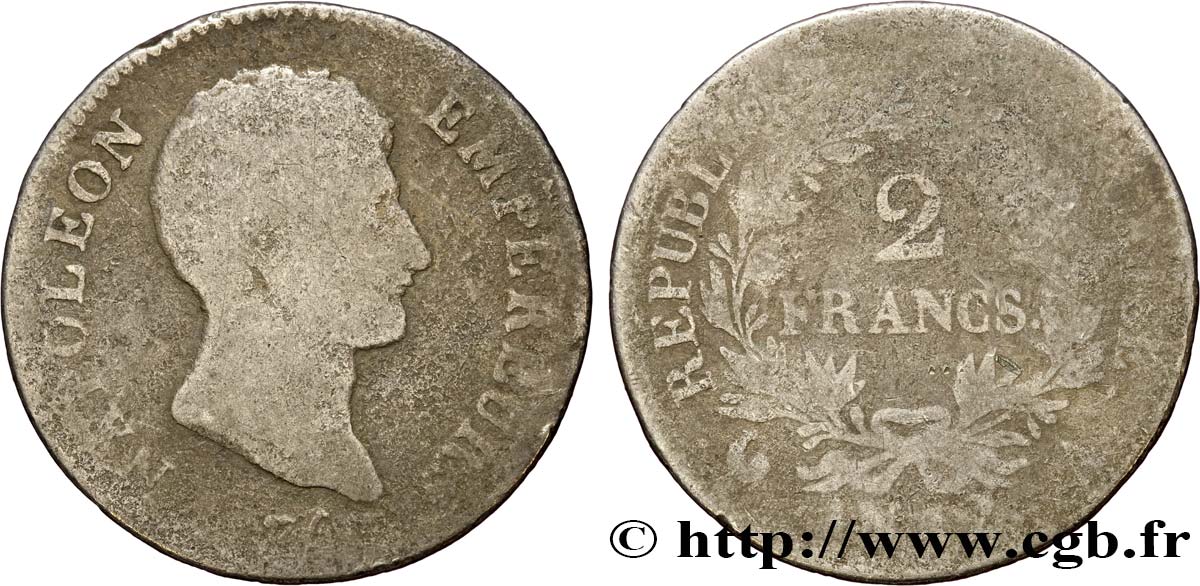 2 francs Napoléon Empereur, Calendrier révolutionnaire 1804 Paris F.251/1 AB5 