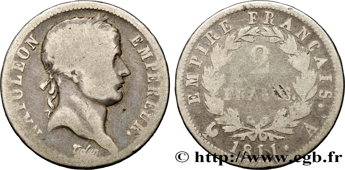 2 francs Napoléon Ier tête laurée, Empire français 1811 Paris F.255/24 B10 