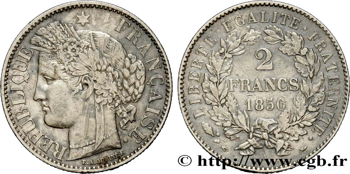 2 francs Cérès, IIe République 1850 Paris F.261/4 TTB 