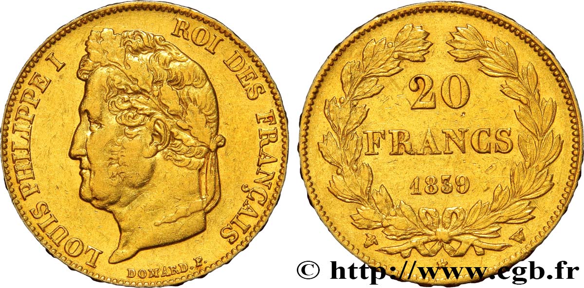 20 francs or Louis-Philippe, Domard 1839 Lille F.527/21 BB50 