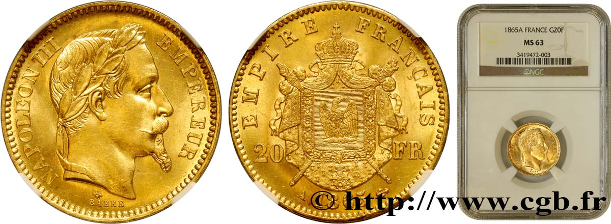 20 francs or Napoléon III, tête laurée 1865 Paris F.532/11 SC63 NGC