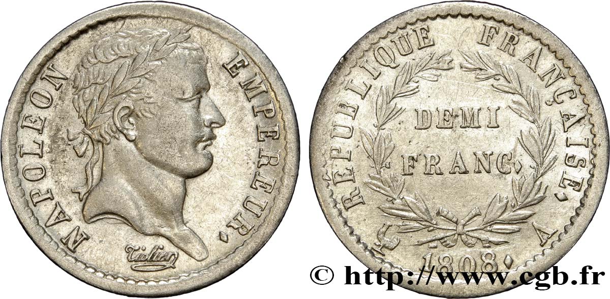 Demi-franc Napoléon Ier tête laurée, République française 1808 Paris F.177/2 TTB50 