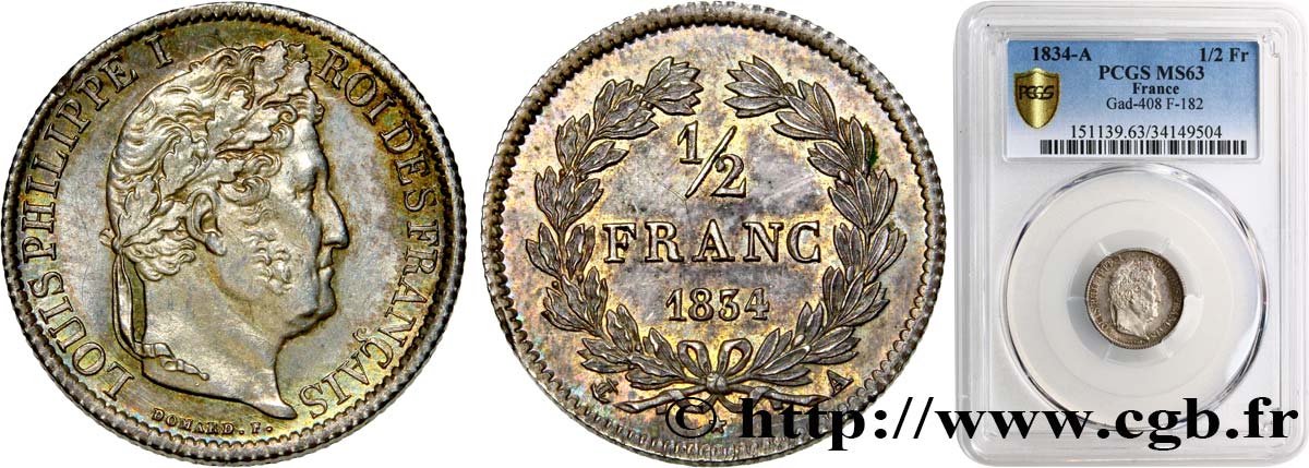 1/2 franc Louis-Philippe 1834 Paris F.182/40 MS63 PCGS