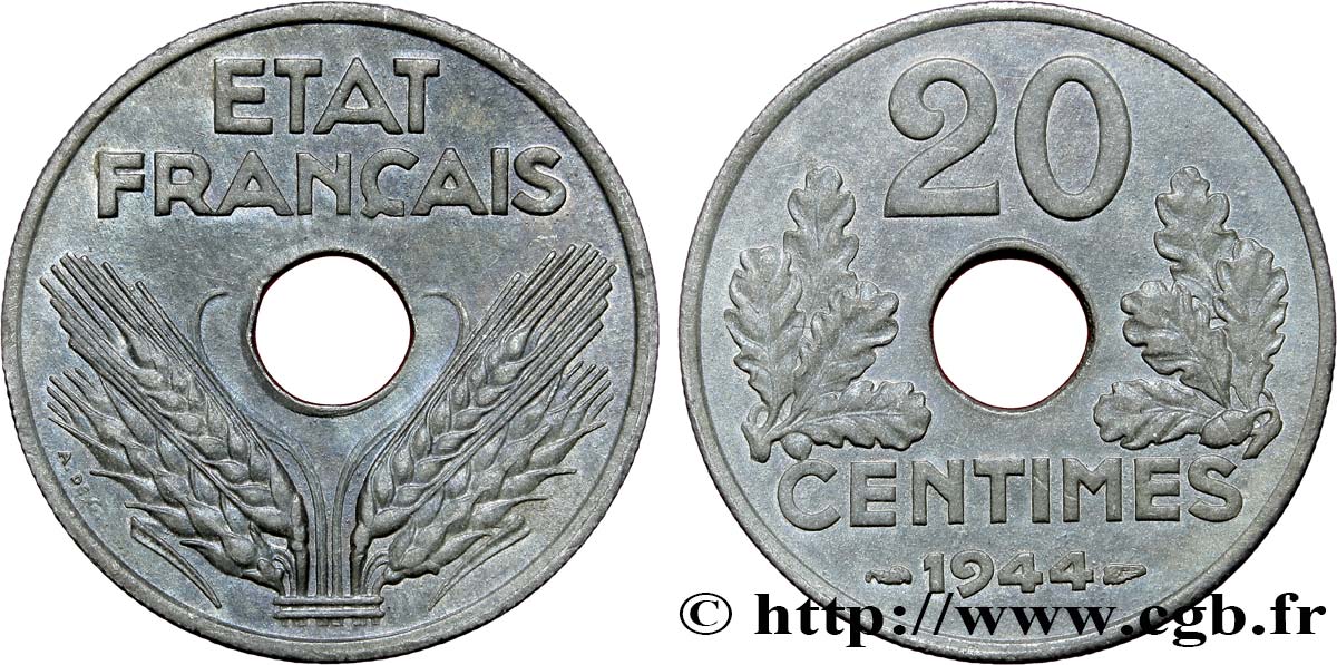 20 centimes État français 1944  F.153A/2 AU50 