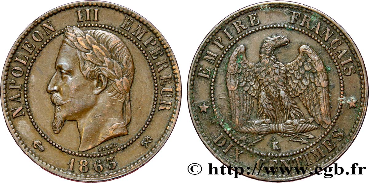 Dix centimes Napoléon III, tête laurée 1863 Bordeaux F.134/12 TTB48 