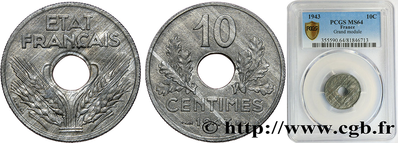 10 centimes État français, grand module 1943  F.141/5 MS64 PCGS