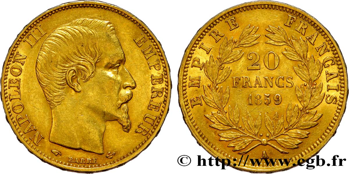20 francs or Napoléon III, tête nue 1859 Paris F.531/15 EBC55 