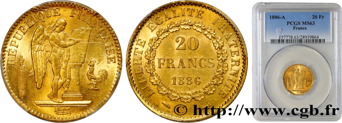 20 francs or Génie, IIIe République 1886 Paris F.533/9 SC63 PCGS