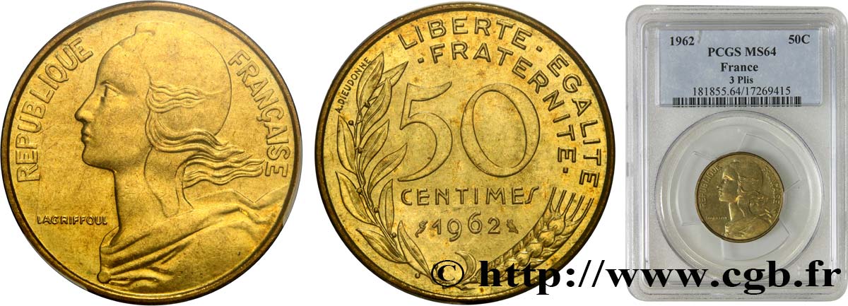50 centimes Marianne, col à trois plis 1962 Paris F.197/2 SPL64 PCGS