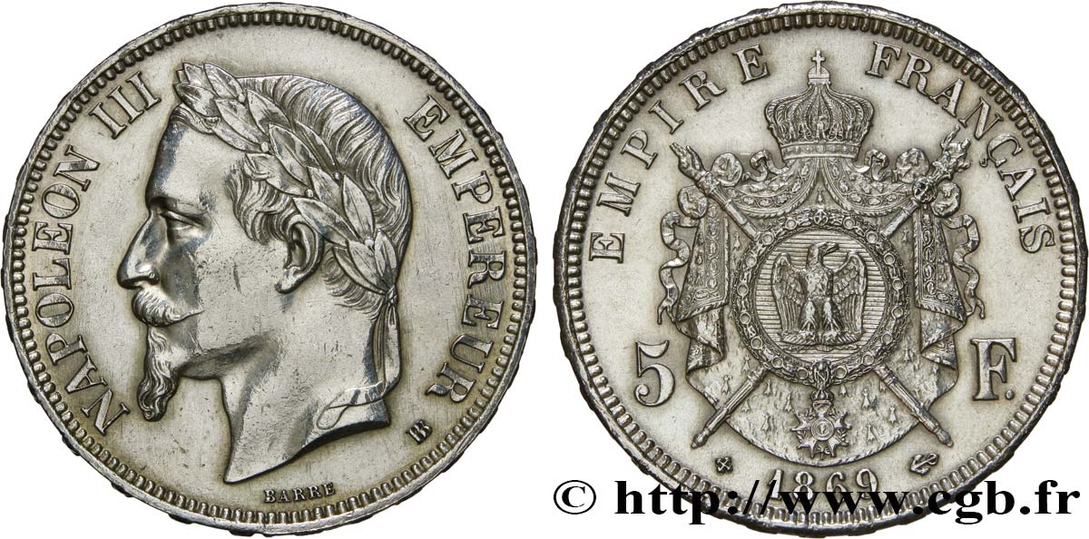 5 francs Napoléon III, tête laurée 1869 Strasbourg F.331/15 AU52 