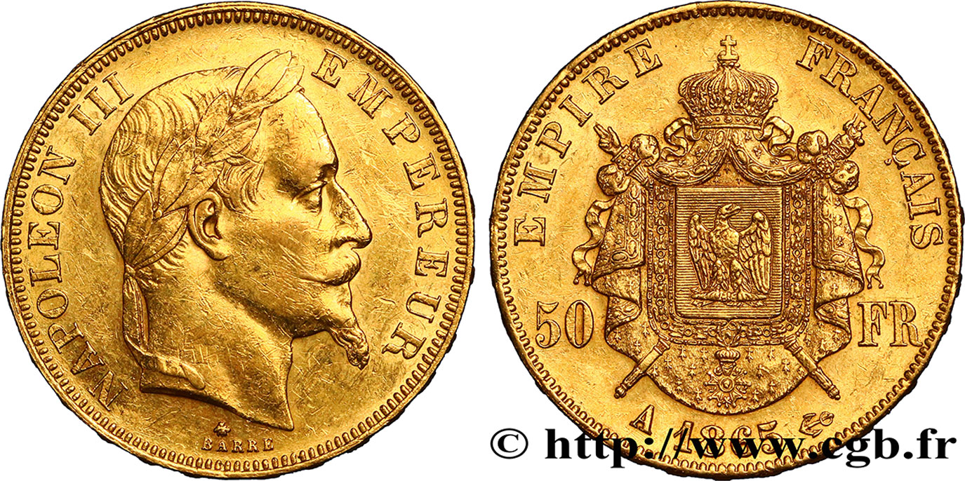 50 francs or Napoléon III, tête laurée 1865 Paris F.548/5 TTB48 