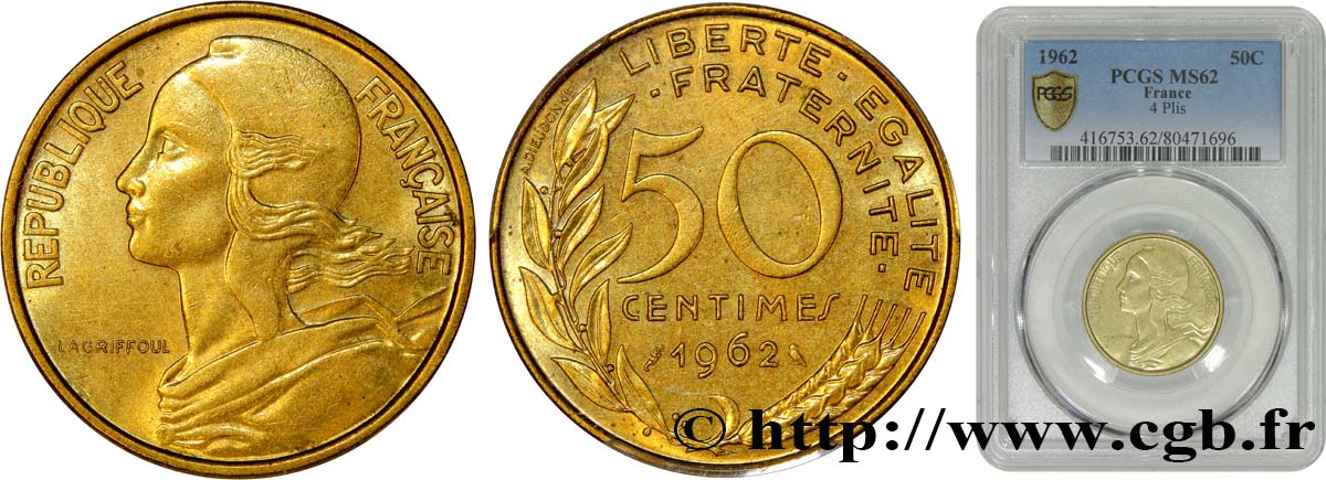 50 centimes Marianne, col à 4 plis 1962 Paris F.197/3 EBC62 PCGS