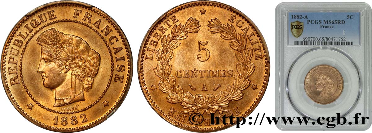 5 centimes Cérès 1882 Paris F.118/23 MS65 PCGS