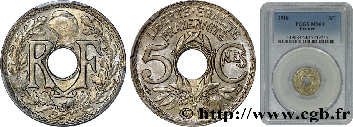 5 centimes Lindauer, grand module 1918 Paris F.121/2 SPL64 PCGS