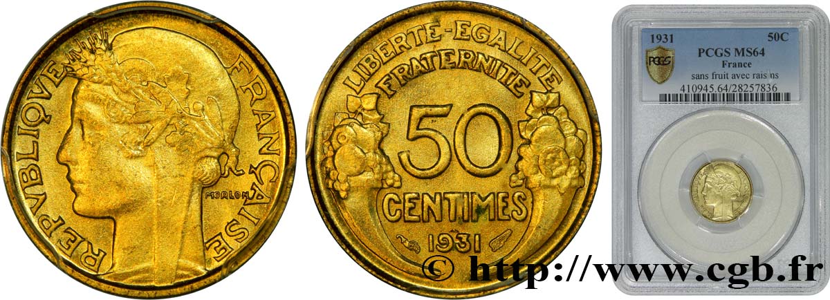 50 centimes Morlon, avec raisin sans fruit 1931  F.192/4 SPL64 PCGS