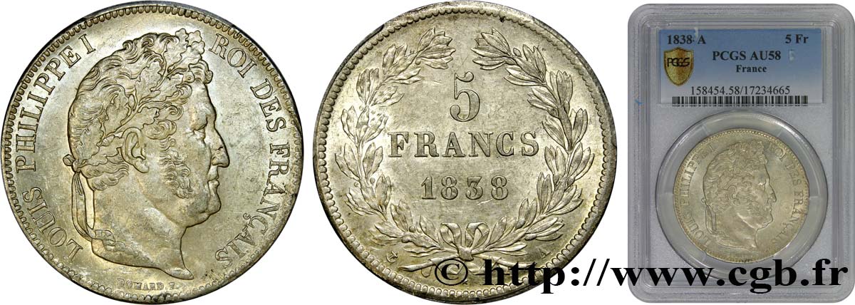 5 francs IIe type Domard 1838 Paris F.324/68 AU58 PCGS