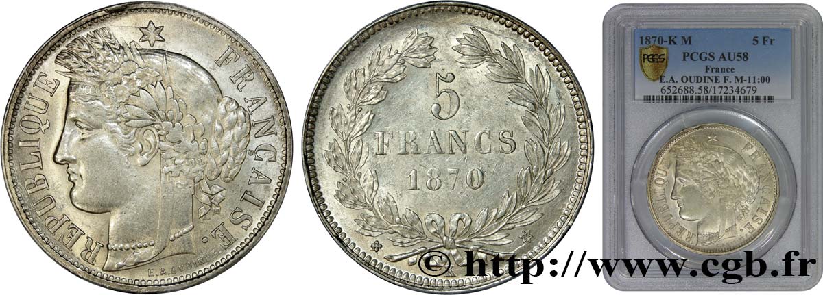5 francs Cérès, sans légende 1870 Bordeaux F.332/4 SUP58 PCGS