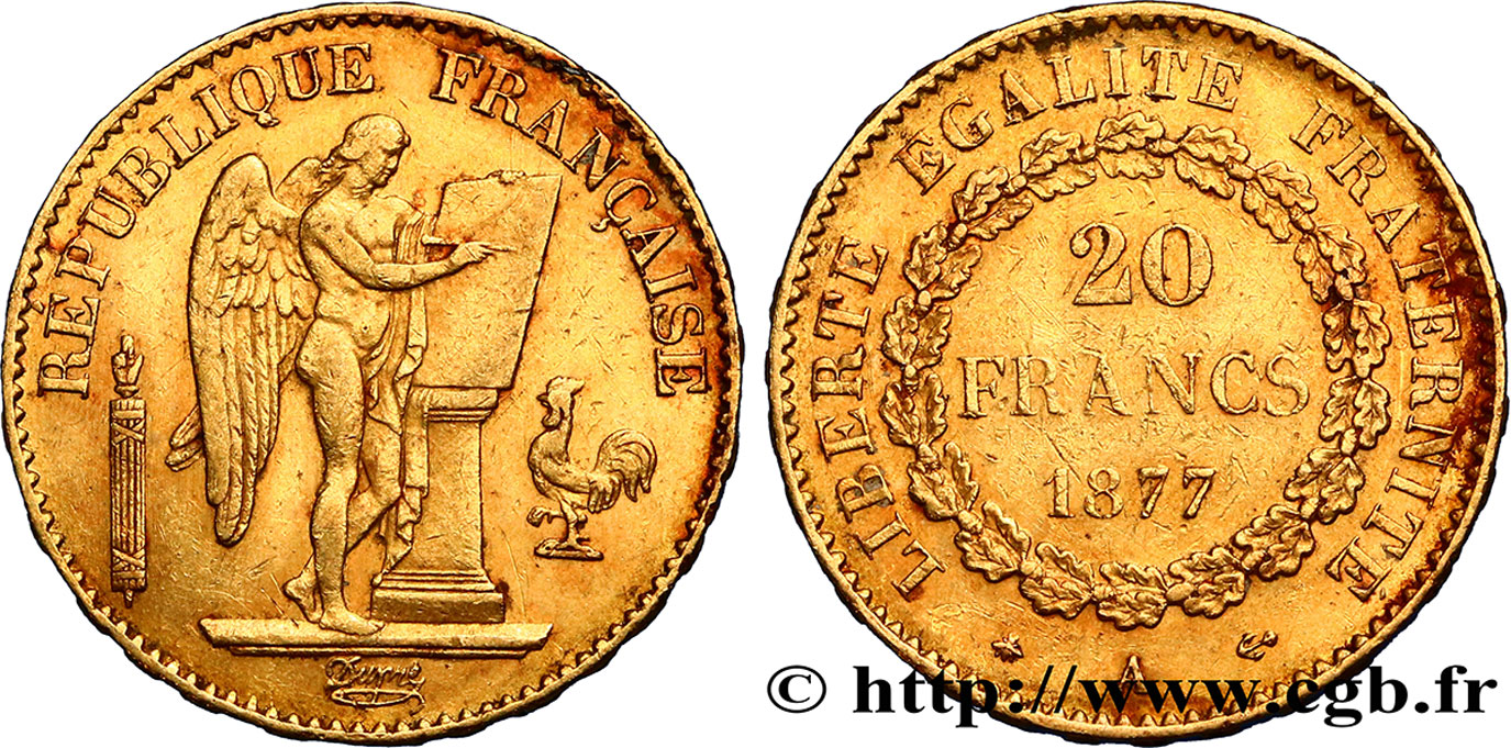 20 francs or Génie, IIIe République 1877 Paris F.533/5 TTB45 