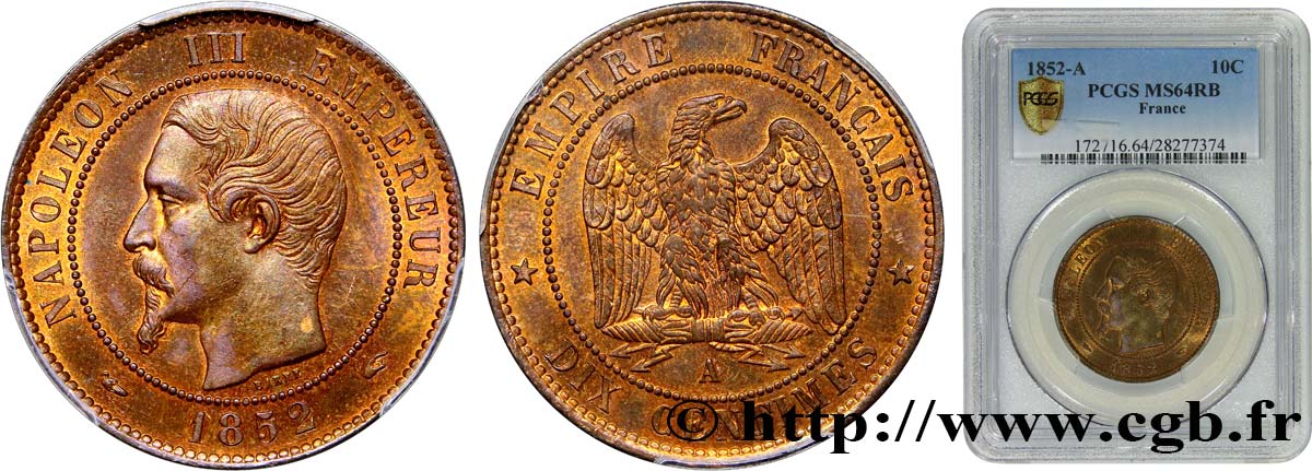 Dix centimes Napoléon III, tête nue 1852 Paris F.133/1 SPL64 PCGS