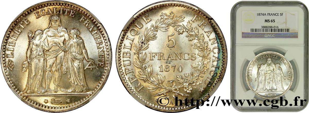 5 francs Hercule 1874 Paris F.334/12 MS65 NGC