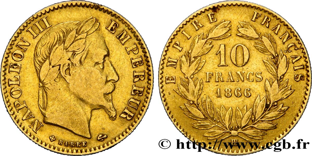 10 francs or Napoléon III, tête laurée 1866 Strasbourg F.507A/13 VF25 