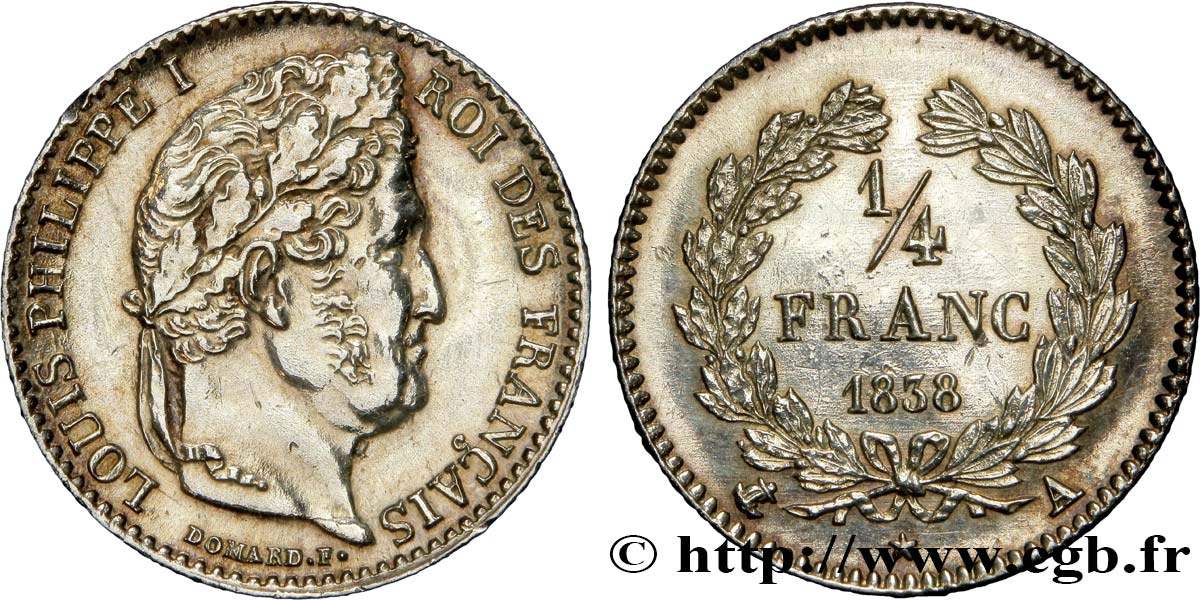 1/4 franc Louis-Philippe 1838 Paris F.166/69 MS60 