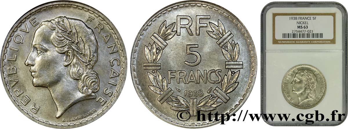 5 francs Lavrillier, nickel 1938  F.336/7 MS63 PCGS