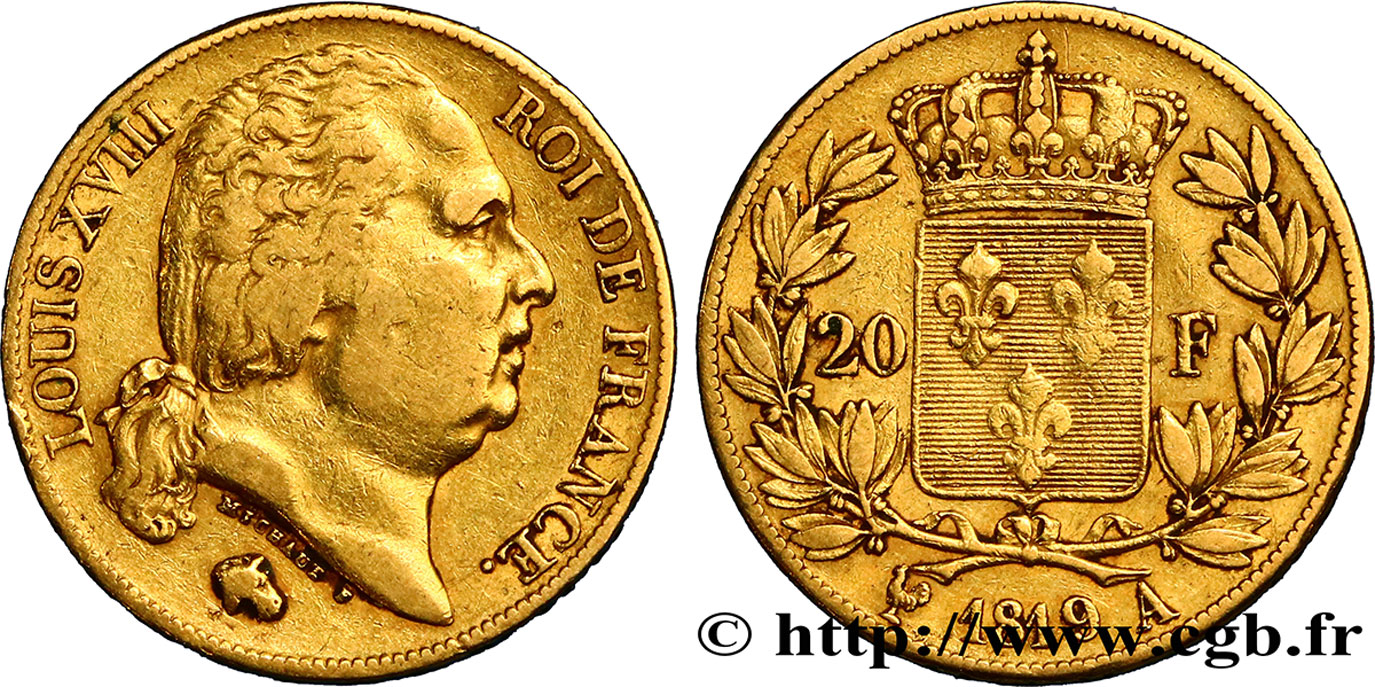 20 francs or Louis XVIII, tête nue 1819 Paris F.519/15 BC30 