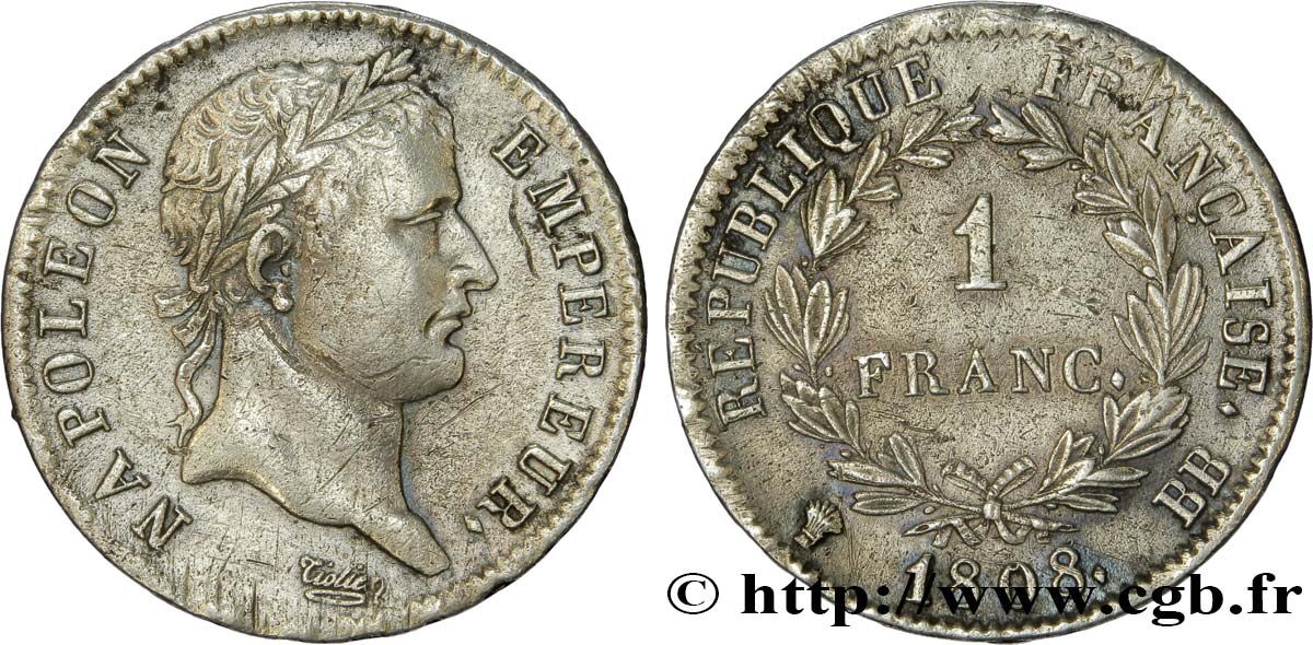 1 franc Napoléon Ier tête laurée, République française 1808 Strasbourg F.204/4 TTB48 
