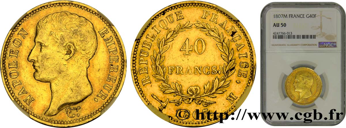40 francs or Napoléon tête nue, type transitoire 1807 Toulouse F.539/3 AU50 NGC