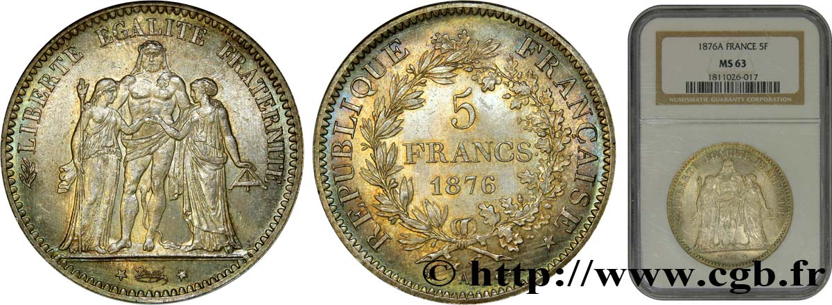 5 francs Hercule 1876 Paris F.334/17 MS63 NGC