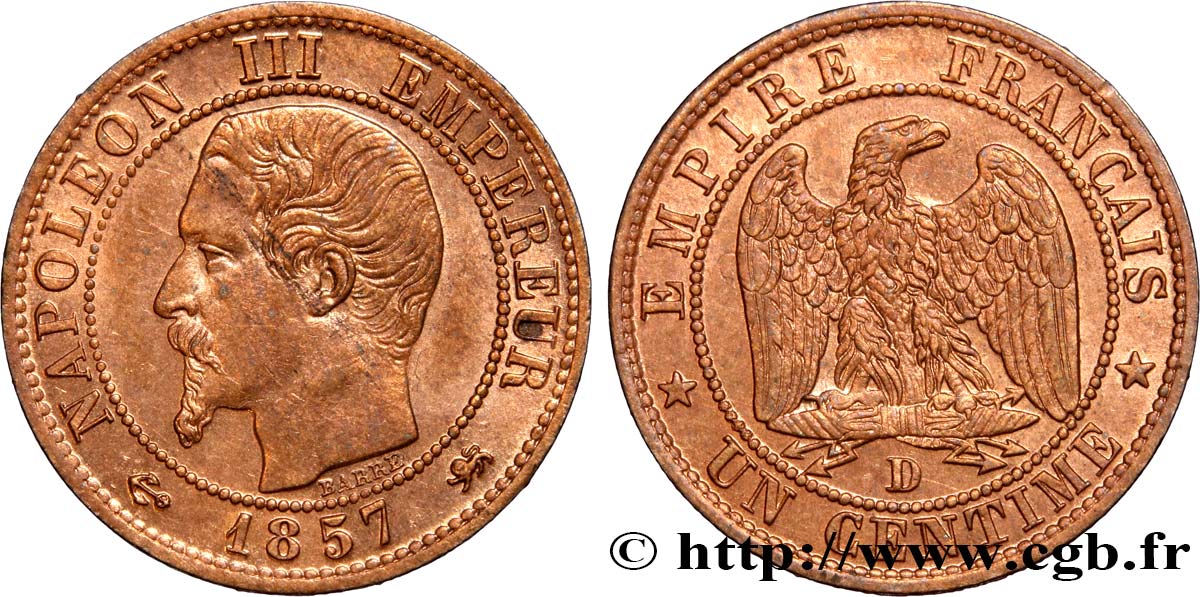 Un centime Napoléon III, tête nue 1857 Lyon F.102/35 EBC58 