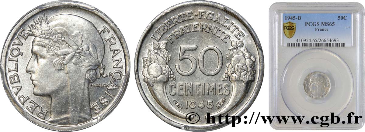 50 centimes Morlon, légère 1945 Beaumont-le-Roger F.194/6 FDC65 PCGS