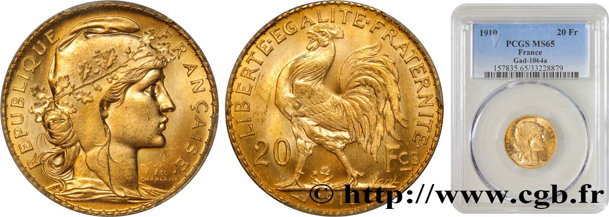20 francs or Coq, Liberté Égalité Fraternité 1910 Paris F.535/4 MS65 PCGS