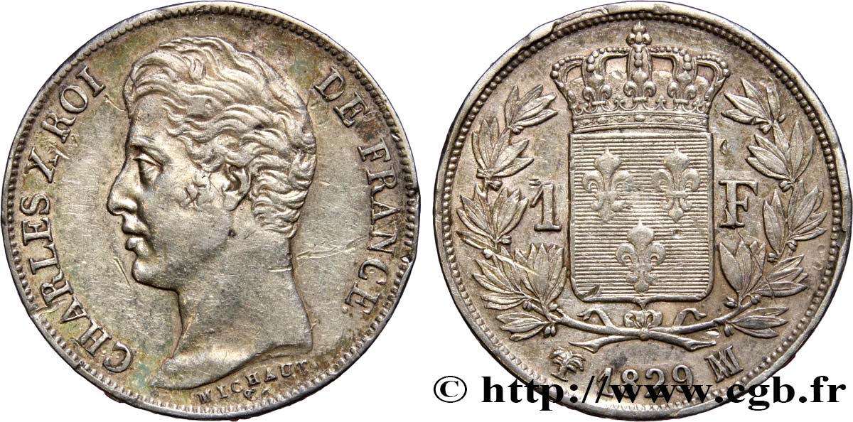 1 franc Charles X, matrice du revers à quatre feuilles 1829 Marseille F.207A/22 TTB50 