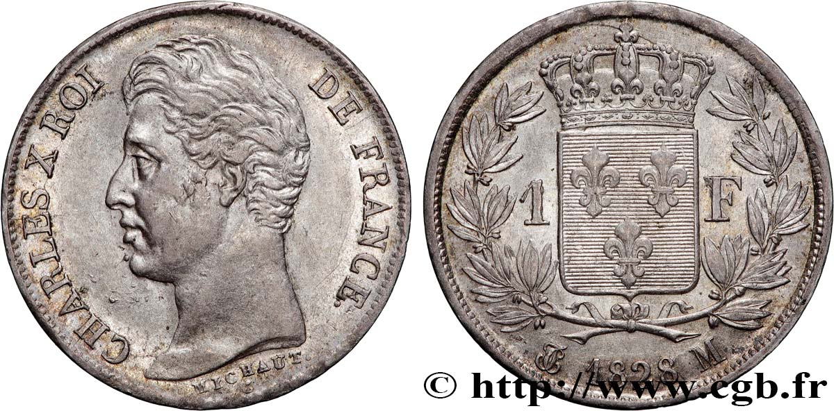 1 franc Charles X, matrice du revers à cinq feuilles 1828 Toulouse F.207/45 AU50 
