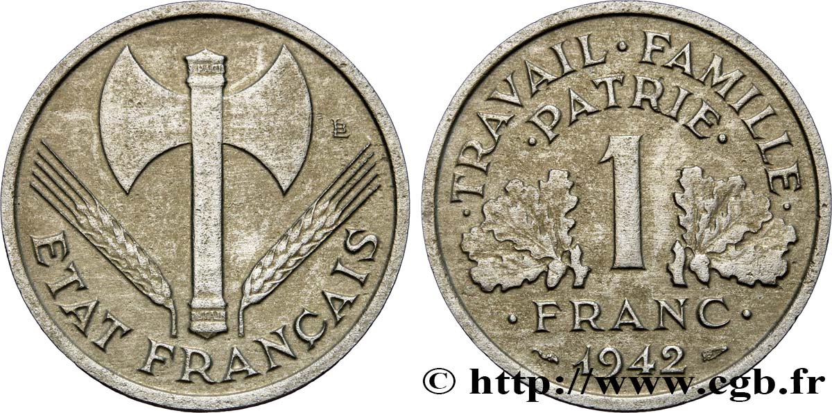 1 franc Francisque, légère 1942 Paris F.223/2 fSS 