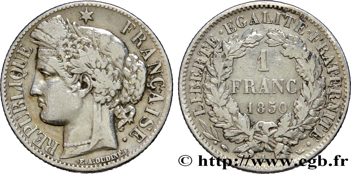 1 franc Cérès, IIe République 1850 Paris F.211/4 VF25