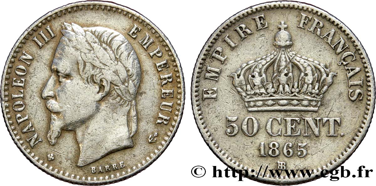 50 centimes Napoléon III, tête laurée 1865 Strasbourg F.188/7 BB40 