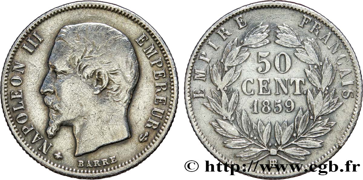 50 centimes Napoléon III, tête nue 1859 Strasbourg F.187/11 VF35 