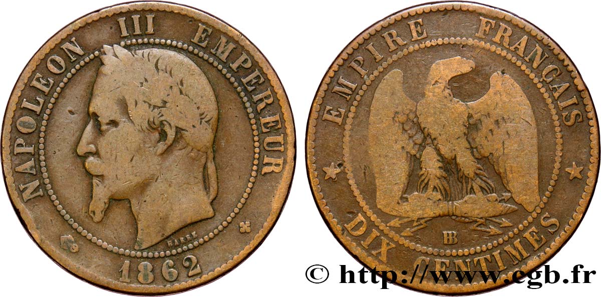 Dix centimes Napoléon III, tête laurée 1862 Strasbourg F.134/8 TB20 