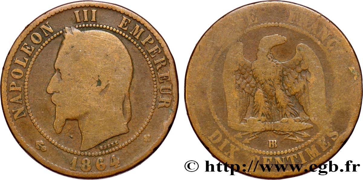 Dix centimes Napoléon III, tête laurée 1864 Strasbourg F.134/14 VG 