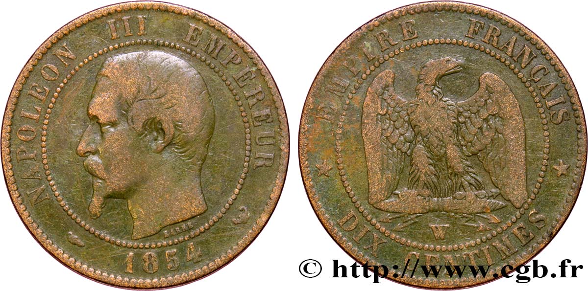 Dix centimes Napoléon III, tête nue 1854 Lille F.133/18 TB35 