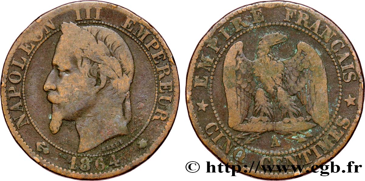 Cinq centimes Napoléon III, tête laurée 1864 Paris F.117/13 BC20 