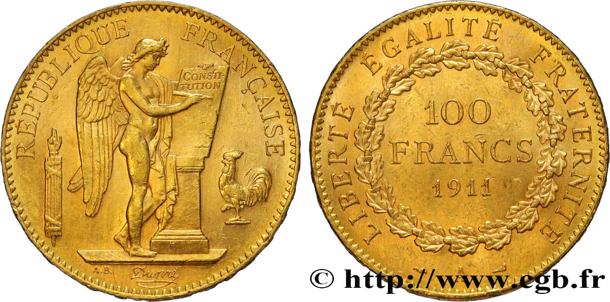 100 francs or Génie, tranche inscrite en relief Liberté Égalité Fraternité 1911 Paris F.553/5 SUP58 