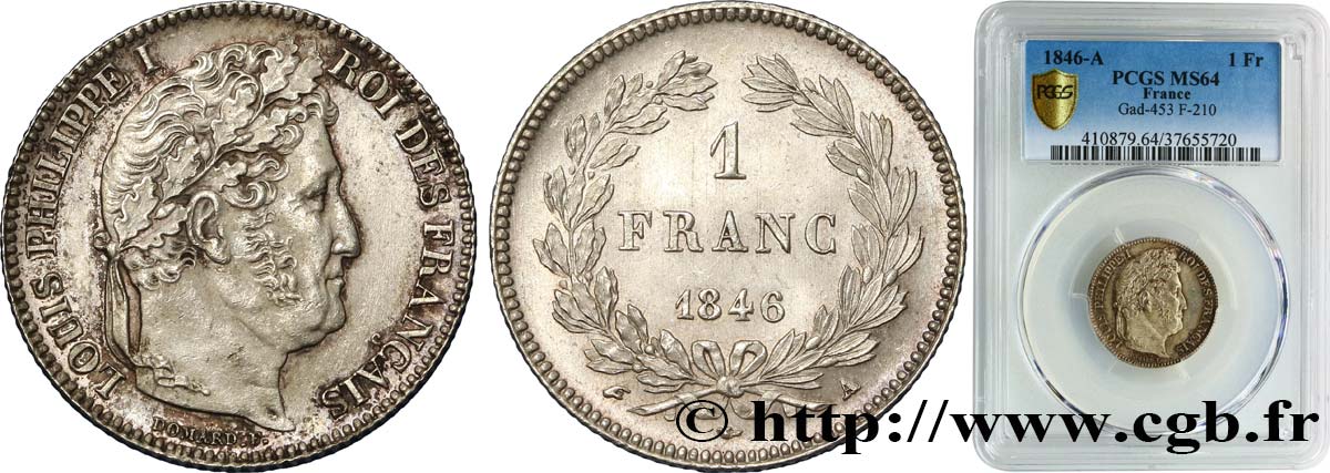 1 franc Louis-Philippe, couronne de chêne 1846 Paris F.210/105 fST64 PCGS